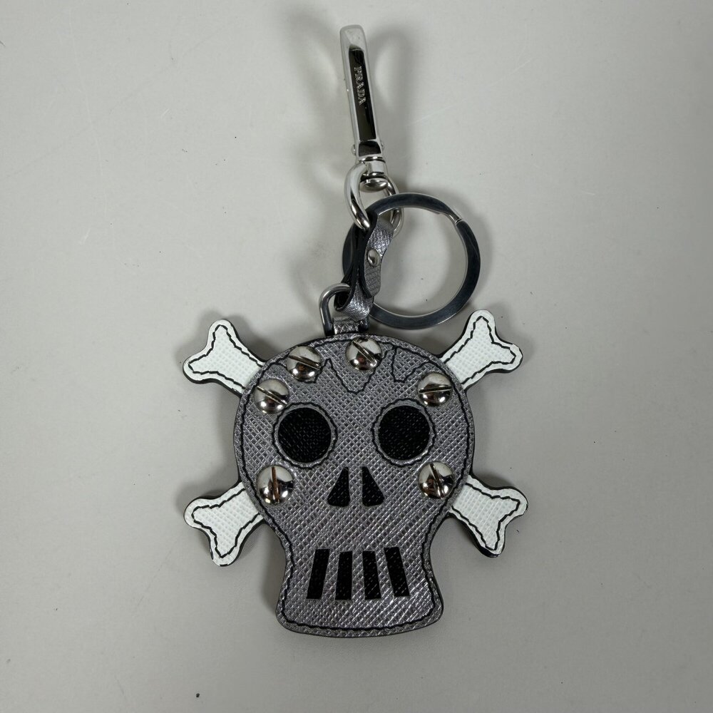 Prada Saffiano Leather Skull Crossbones Bag Charm Keychain Metallic Silver Studd
